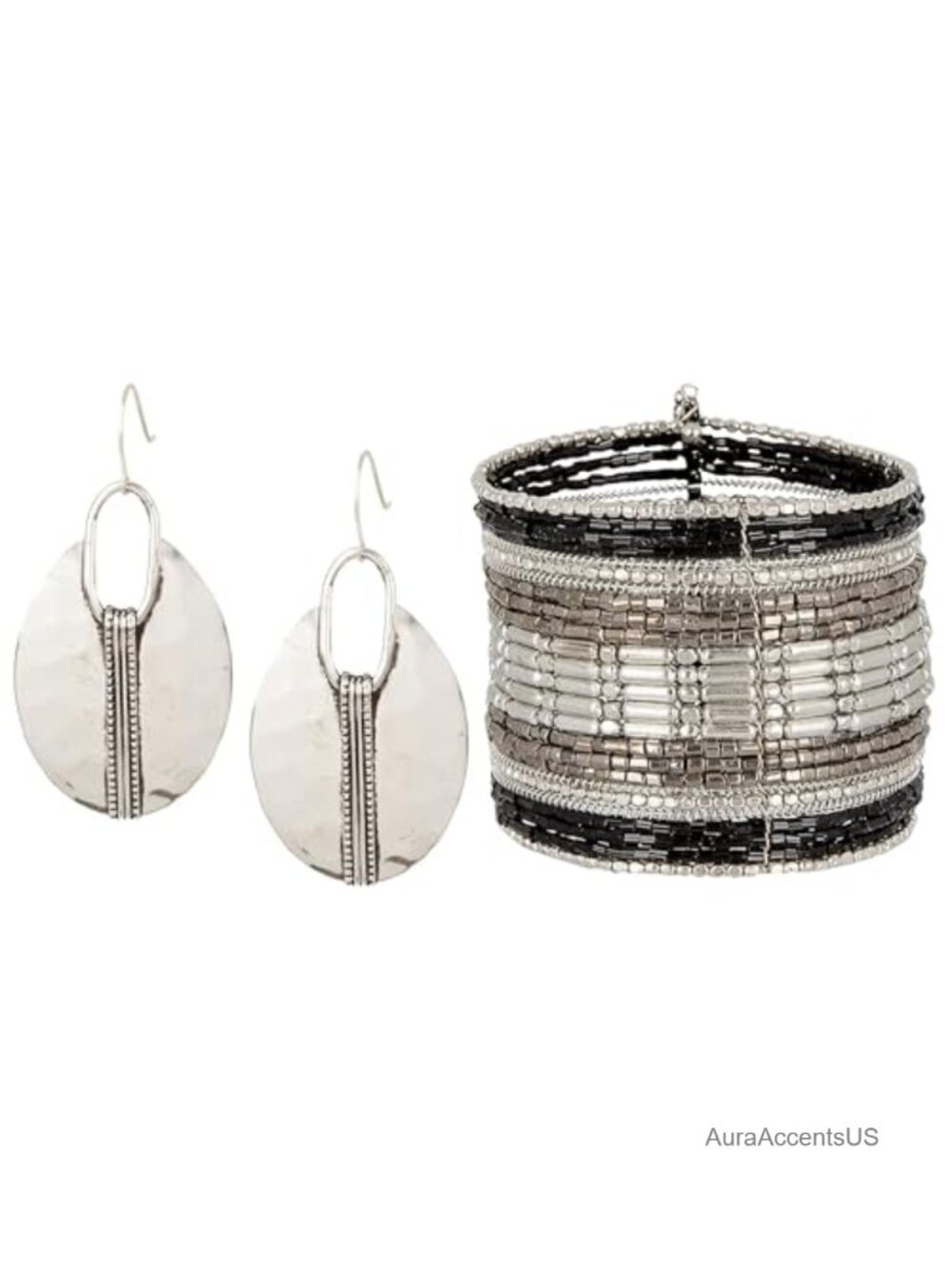 Hammered Silver-Tone Drop Earrings & Beaded Cuff Bracelet Set – Boho Jewelry